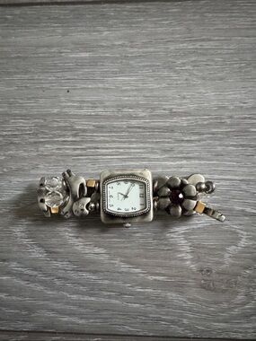 Vintage 1990s Antiqued Pewter Inspirational Charm Watch Stretch Bracelet